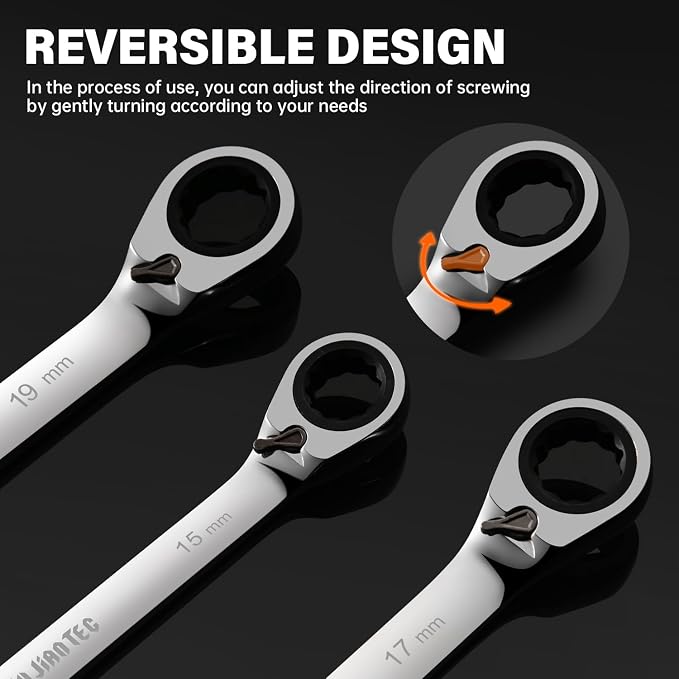 JUJIAN TEC 9-Piece Metric Ratcheting Combination Wrench Set | 72-Tooth Reversible Ratchet, Cr-V Steel, 8-19mm, Roll-Up Pouch