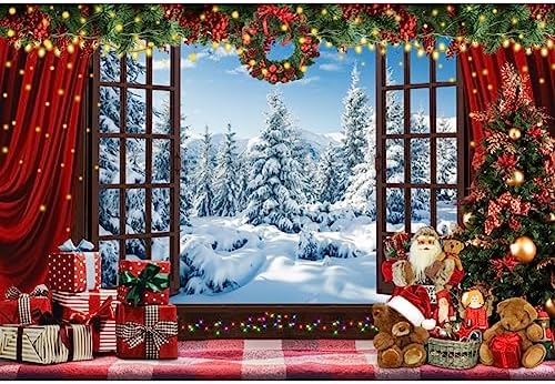 12x8ft Christmas Window Backdrop for Photography Winter Wonderland Snow Mountain Christmas Tree Photo Background Xmas Theme Holiday Party Decorations Banner Family Photo Shoot Background