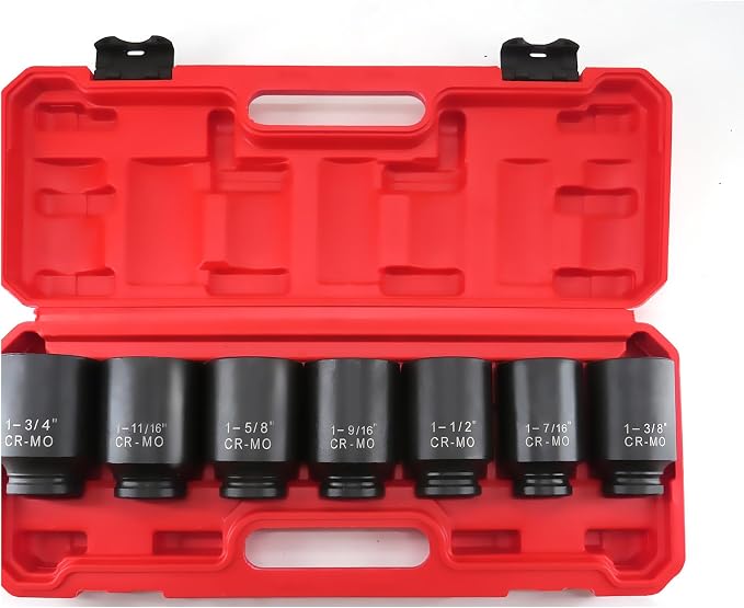TONYNOL 1/2 Inch Drive Deep Impact Socket Set, 6-Point, SAE(1/2 Drive 1-3/8"to1-3/4"), 7 PCS, Cr-Mo, Heavy Duty Impact Socket Set, with a strong case | 6-Point,Cr-Mo Steel, Heavy Duty Impact Socket Set, with a strong case