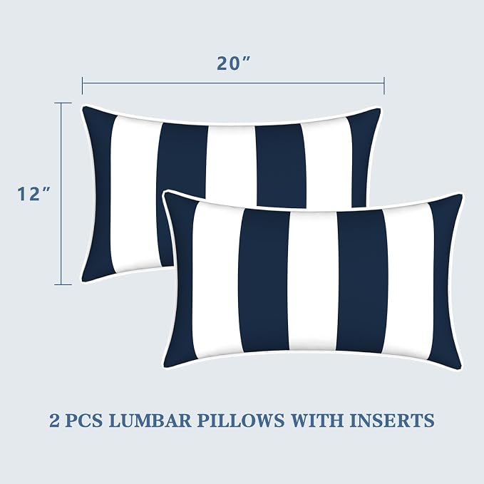 LVTXIII Set of 2 Outdoor Lumbar Pillows for Patio Furniture with White Piping, 12"x20" Fade Resistant Patio Lumbar Pillows with Inserts for Home Coach Sofa Use, Cabana Navy