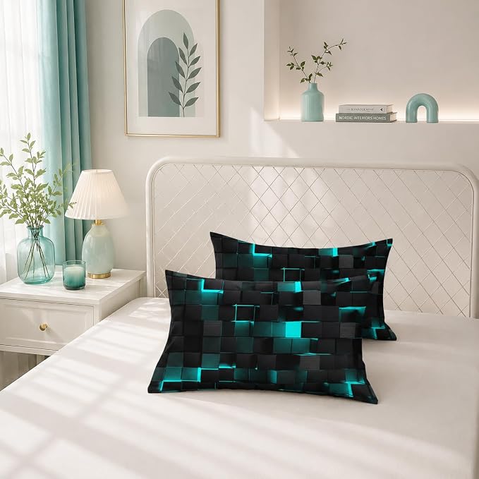 Geometric Turquoise Black Comforter Set,Light Honeycomb 3 Piece Bedding Set Twin Size for Teen Boys,Modern Quilt Set Geometry Decor,Microfiber Lightweight 1 Comforter 2 Pillowcases All Season
