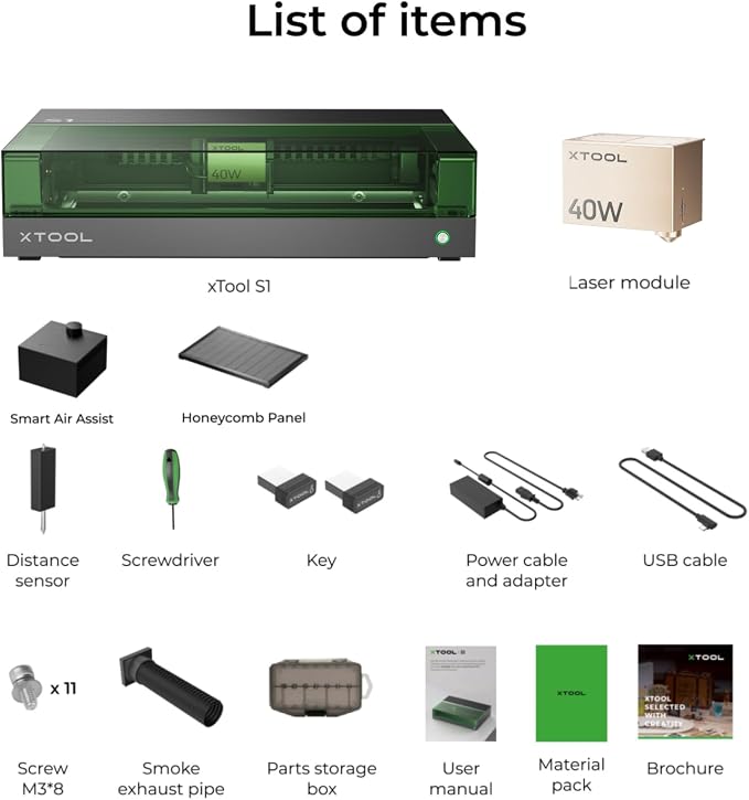 xTool S1 40W Laser Engraver and Cutter Machine with Air Assist & Honeycomb, 23.93" x 15.16" Bed Size, Beginner-Friendly, Laser Engravering Machine for Wood and Metal, Acrylic, etc. - Basic Bundle