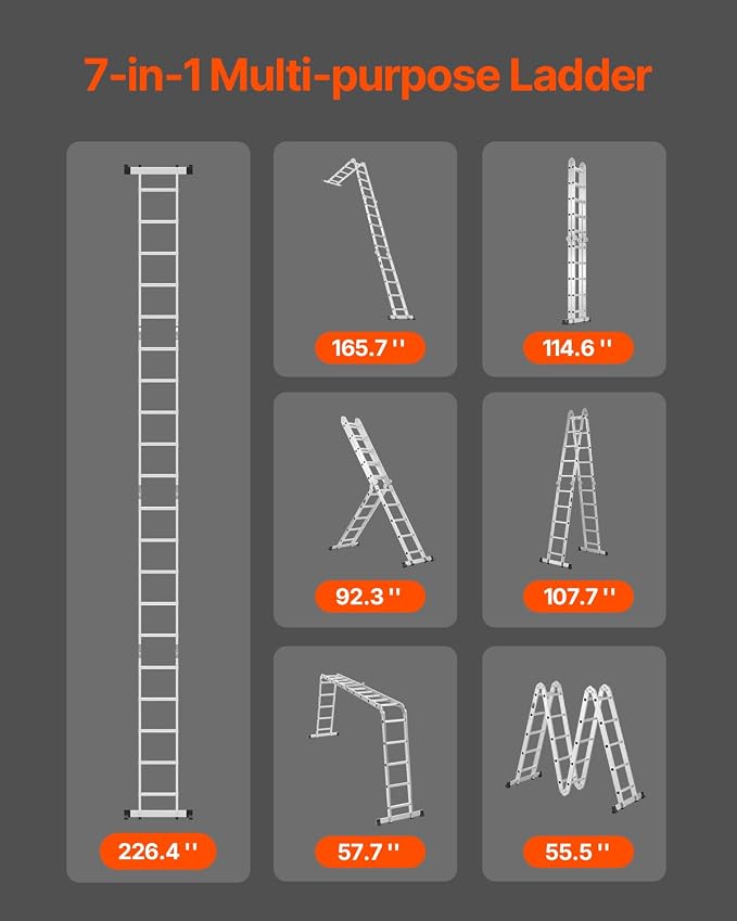 VEVOR Multi-Purpose Folding Ladder, 7-in-1 Tall Extension Step Ladder, A Frame 5 Step Telescoping Ladder, 19ft Reach Height Heavy Duty Adjustable Ladder, 330 lbs Capacity for Home Outdoor Metal
