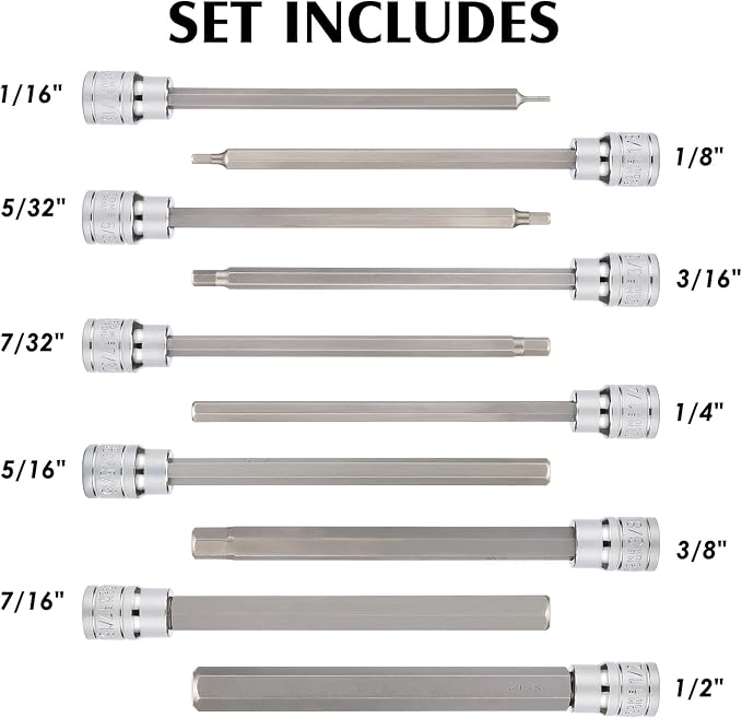 MIXPOWER 3/8 Inch Drive Long Hex Bit Socket Set, 1/16 Inch to 1/2 Inch, SAE, Extra Long Allen Hex Bit Socket Set, CR-V and S2 Steel, 10 Pieces