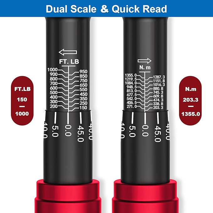 SUERCUP 3/4-inch Drive Click Torque Wrench, 150-1000ft.lb/203.3-1355Nm, 48 Tooth Dual-Direction Click Torque Wrench with a Hex Key for wind turbines,dockyards, car,truck repair
