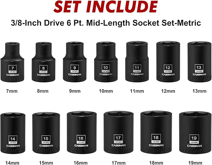 CASOMAN 13PCS 3/8"Drive Magnetic Socket Set, Shallow, 6-Point, Metric, 7mm to 19mm, CR-MO