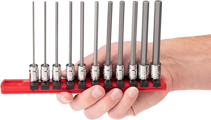 TEKTON Long Hex Bit Socket Set, 11-Piece | SHB90107 | 1/4 Inch Drive, (2 - 8 mm), Socket Rail