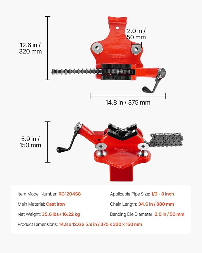 VEVOR Heavy-Duty Pipe Chain Vise, 1/2" - 8" Pipe Capacity, 34.6" Rugged Chain & Cast Iron Base, Industrial-Grade Pipe Clamping for Plumbing, Automotive Repairs, Metalworking
