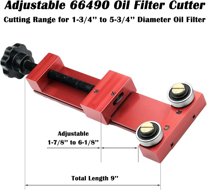 66490 Oil Filter Cutter, Adjustable Cut Range 1-3/4'' to 5-3/4'' Oil Filter Cutting Tool Aluminum, Red
