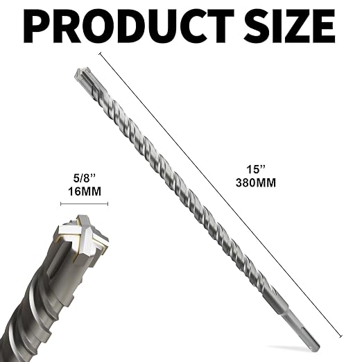 SDS Plus Rotary Hammer Drill Bits, (5/8"*15"-16mm*380mm) - 4 Carbide Cutting Edges, Ideal for Masonry| Heavy-Duty Masonry |Hammer Drill Bits for Precision Drilling
