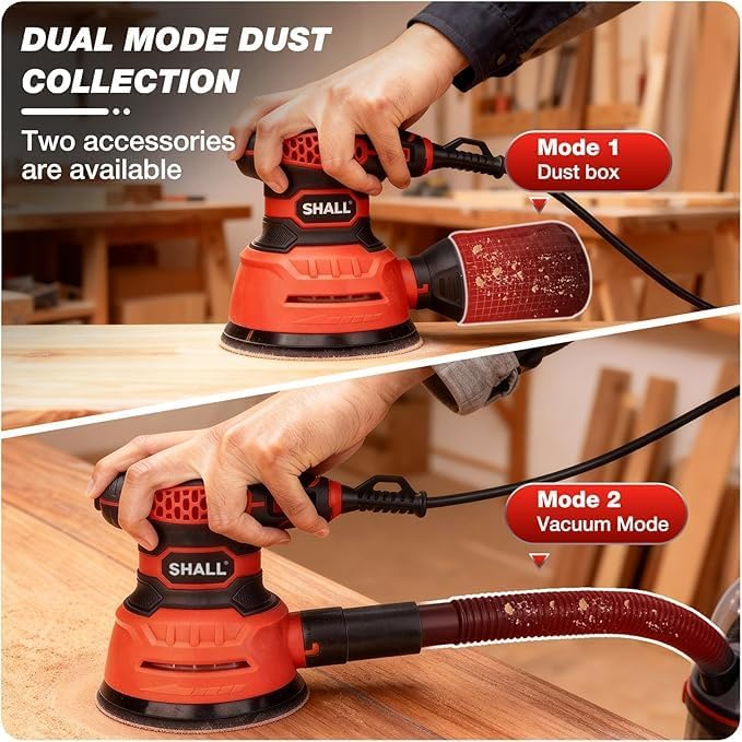 SHALL 5-Inch Random Orbital Sander, 3.2 AMP - 6 variable Speeds - Max 13000 RPM, with 30pcs Sandpaper & Detachable Dust Bag, Sanding for Polishing Woodworking, Refinish Furniture & Remove Varnish