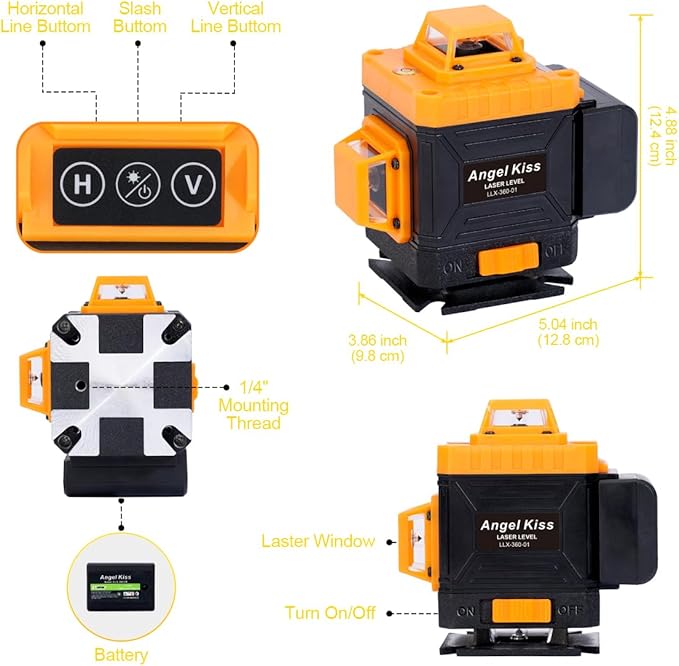 Laser Level Self-Leveling 4 x 360° - 4D Green Cross Bright Line Laser 100ft Range for Picture Hanging, Tile Installation, Indoor DIY & Construction | Magnetic Mount, 2 Rechargeable Batteries