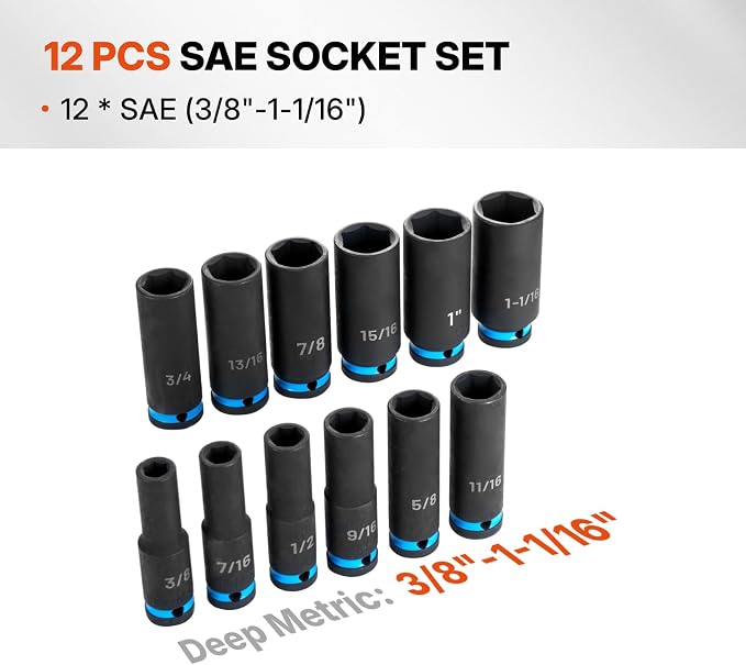 BLACK CANYON 12-Piece 1/2" Drive Deep Impact Socket Set, SAE 6-Point Sockets, Cr-Mo Impact Grade Steel, Heavy-Duty Storage Case for Automotive, Truck & Equipment Repair