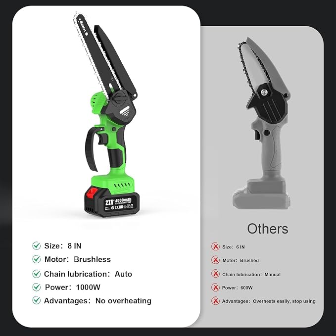 2 in 1 8IN Brushless Cordless Pole Saw & Mini Chainsaw with Extension Pole | Battery Powered Tree Trimmer with Auto Oiler, 2×4000mAh Batteries for Tree Trimming, Branch Cutting & Yard Maintenance