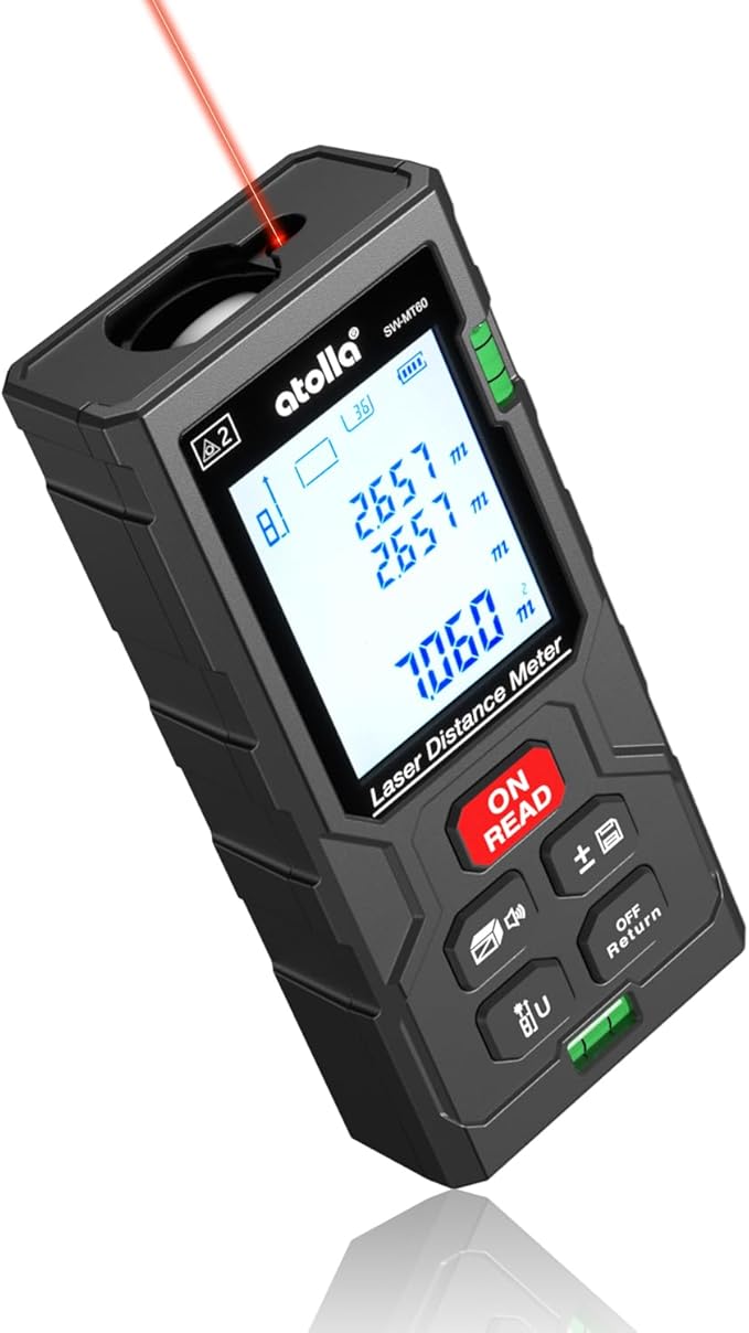 atolla Laser Measure 196Ft, Digital Laser Distance Meter with 2 Bubble Levels,Portable M/in/Ft Unit Switching Backlit LCD, Measuring Distance/Area/Volume/Pythagorean and Waterproof IP54 (Red Laser)