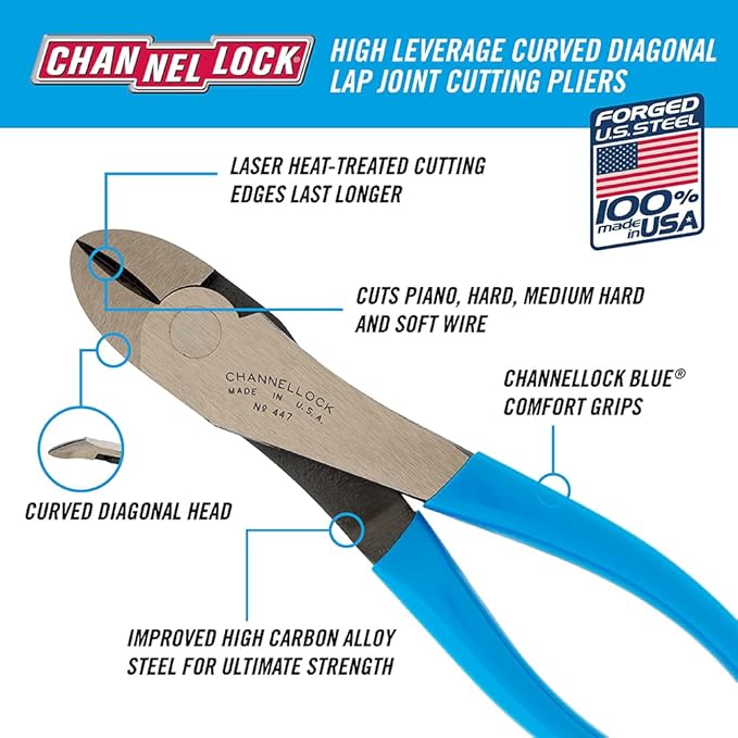 Channellock Diagonal Cutting Plier 447 - Curved Jaw, Side-Cutting - 7.5-Inch