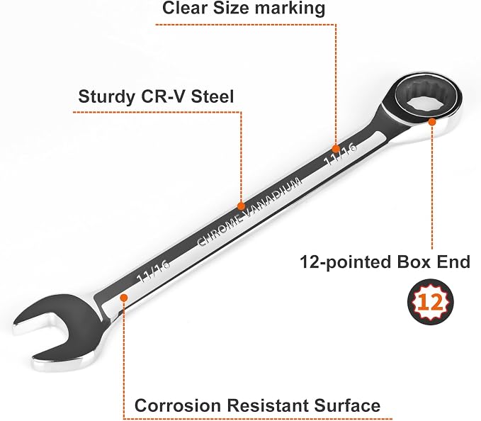 Egofine 11/16 inch Ratcheting Combination Wrench SAE, Industrial Grade Gear Spanner with 12-Point Design, 72-Tooth Ratchet, Chrome Vanadium Steel