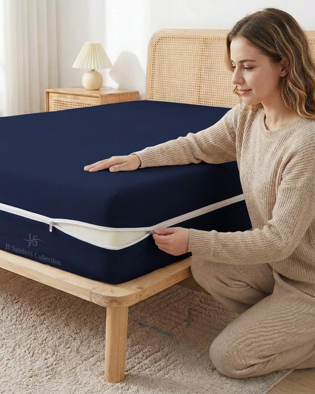 JS Sanders Zippered Mattress Protector Full Size – Soft 100% Egyptian Cotton, 600 Thread Count Deep Pocket Fitted Sheet Encasement Cover for Bed Breathable, 12-16 Inch Fit, Navy Blue 54x75