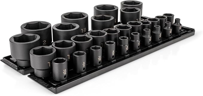 TEKTON 1/2 Inch Drive Impact Socket Set, 29-Piece | SID92108 | (5/16 - 2 in.), Shallow, 6-Point, Socket Rail