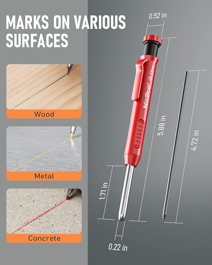 Nicpro 1 Pack Carpenter Pencil with Sharpener, 2.8 mm Mechanical Pencils with 13 Refills, Deep Hole Marker for Construction, Heavy Duty Woodworking Pencil, Carpenter Tools for Architect Marking
