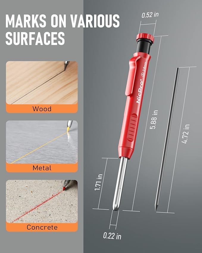 Nicpro Carpenter Pencil with Sharpener, Mechanical Pencils Set with 26 Refills, Deep Hole Marker for Construction, Heavy Duty Woodworking Tools for Architect (Black, Red) - With Case