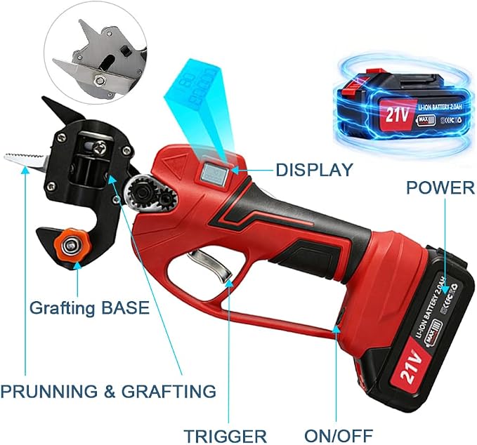 Electric Pruning Shears Cordless 2-in-1 Grafting Tool Kit, 3 Replaceable Cut Blades (Ω/U/V), 2×2000mAh Batteries, LCD Display Power Grafting Tool for Tree Branch Garden (grafting & shear)