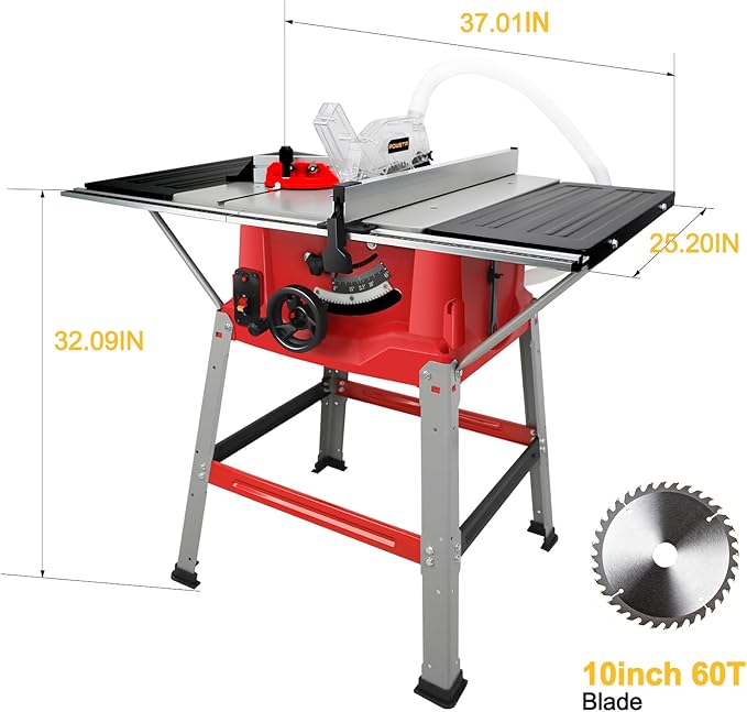 Table Saw with Stand 10-Inch, 15A 5000 RPM Portable Jobsite Table Saw, 0-45° Bevel & 90° Crosscut For 2-9/16" To 3-11/32" Max Cutting Depth, Angle Stop & Push Stick for Woodworking & DIY