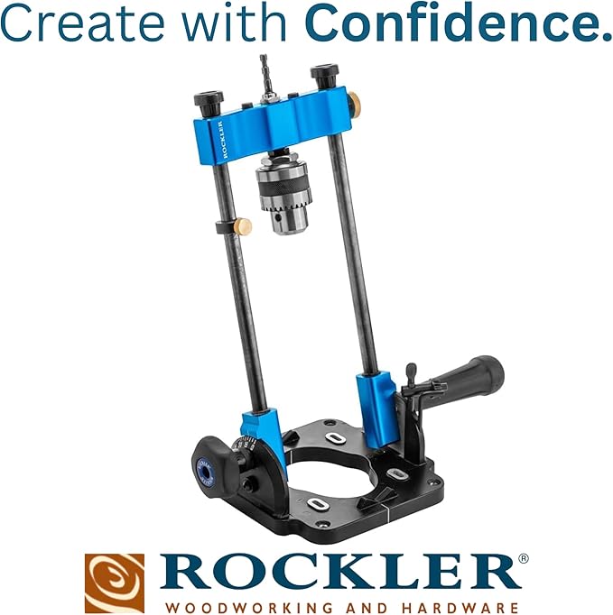 Rockler Drill Guide | Portable Drill Press Adapter for Hand Drill - 0 to 60 Angle w/Protractor & Chuck Key for straight holes - Rockler Woodworking