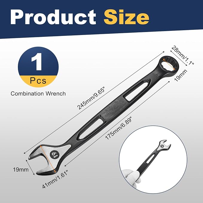 HARFINGTON Combination Wrench 19mm Metric Extra Long 12-Point Box and Open End Carbon Steel Double Ended Industrial Grade Spanner for Automotive Furniture Machinery DIY Repair, Black