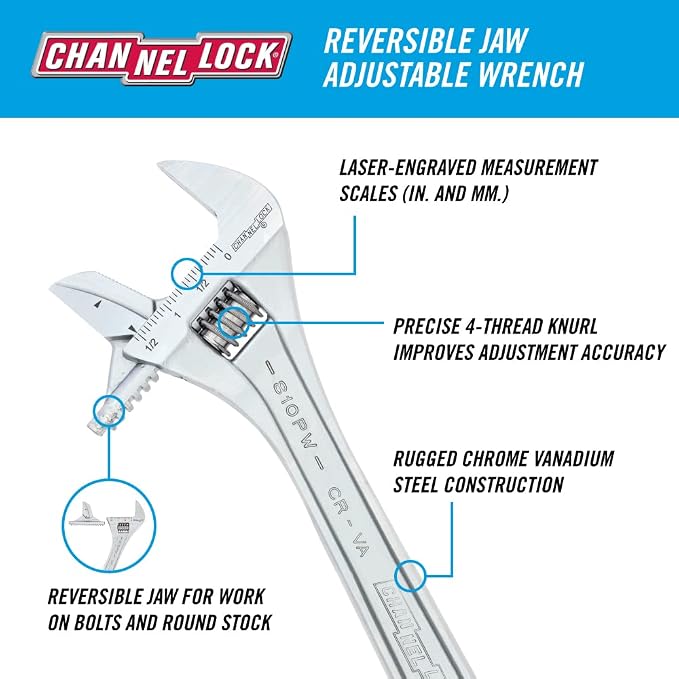 Channellock Adjustable Wrench 810PW - Reversible Jaw, Pipe Wrench Function - 10 In.
