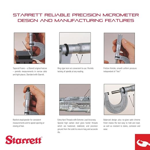 Starrett Outside Micrometer with One-Piece Spindle, Satin Chrome Finish and Advanced Sleeve Design - Quick and Easy Adjustment, 1-2" Range, .001" Graduation - 436.1XRL-2