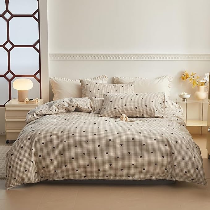 Sedefen Gingham Duvet Cover Set Queen Size, 3 Pieces Brown Plaid Bedding Set with Cute Heart Pattern, Kids Boys Girls Tan Checked Grid Soft Microfiber Duvet Cover for Bedroom Decor