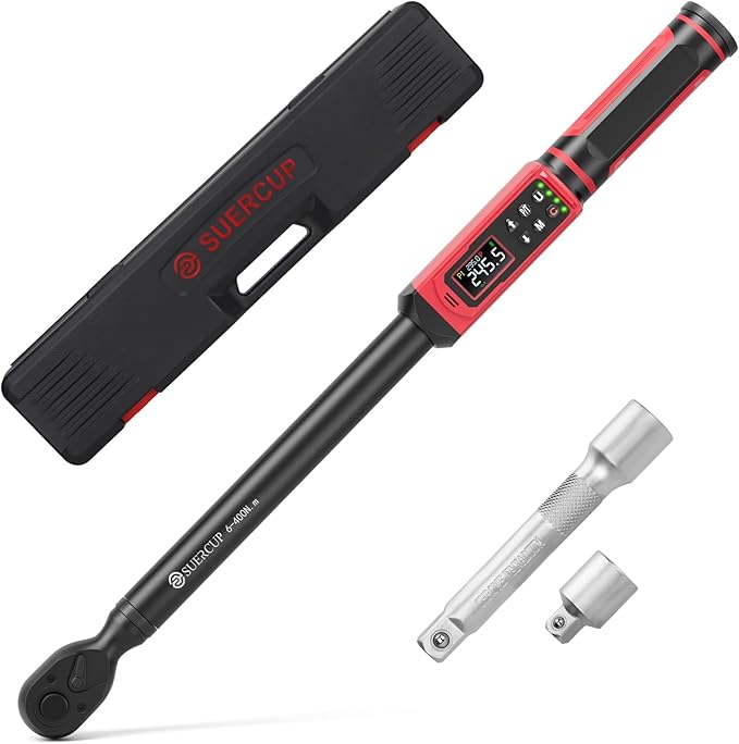 SUERCUP 1/2-inch Drive Digital Torque Wrench (4.4-295 Ft.lb/6-400Nm), ±1% Accuracy Digital Torque Wrench with Buzzer and LED Alarm,9 Preset Mode and Four Units of Measure for Car, Moto and Bike, DIY