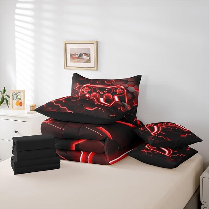 Gaming Queen Comforter Set with Sheets, Neon Honeycomb Gamer 7-Piece Bedding Set Video Game Consoles Bed in a Bag, Red Hexagon Lights Room Decor,Kids Bedroom Decor