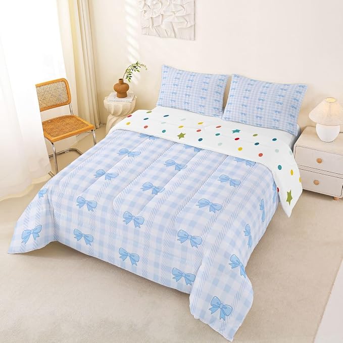 Feelyou Blue Grid Bowknot Bedding Set Soft for Boys Girls, Bow Checkered Comforter Set Queen Size Princess Duvet Quilt Microfiber Bedroom Decor 3 Pcs with 2 Pillow Cases