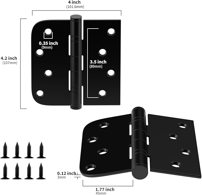 goldenwarm 6 Pack 4'' Matte Black Door Hinges – Ball Bearing 304 Stainless Steel Hinges for Exterior Doors, Square & Round Corners