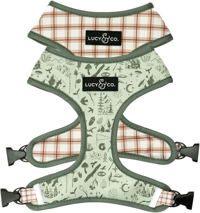 Lucy & Co. Reversible Dog Harness - Water-Repellent Neoprene, Dual-Print Design, Easy Swap Style, Adjustable Comfort Fit - Camp Out Reversible Harness - Large