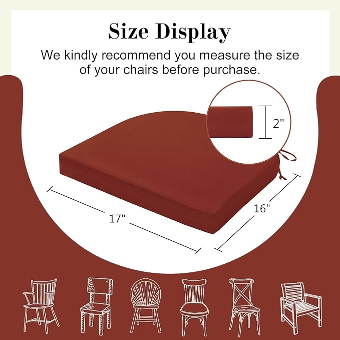 Cozyide Outdoor Chair Cushions, Waterproof Patio Seat Cushions with Adjustable Straps, Round Corner Patio Chair Cushions for Garden, Brick Red, 17x16x2 Inch (Pack of 2)