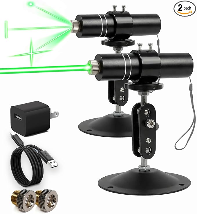 2 Pack Three-Head Green Laser Level with 2M Charger | 520nm Cross/Linear Laser Generator | Rechargeable Alignment Tool for Woodworking, Construction & Fabric Cutting (Base & AC/DC Adapter)