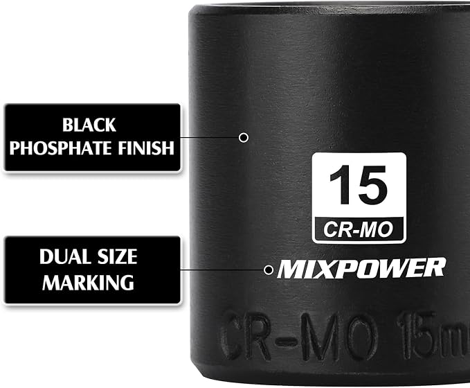 MIXPOWER 1/4" Drive Shallow Magnetic Impact Socket Set with Storage Rails, 14-Piece, 6 Point, 4-15mm, Metric, CR-MO