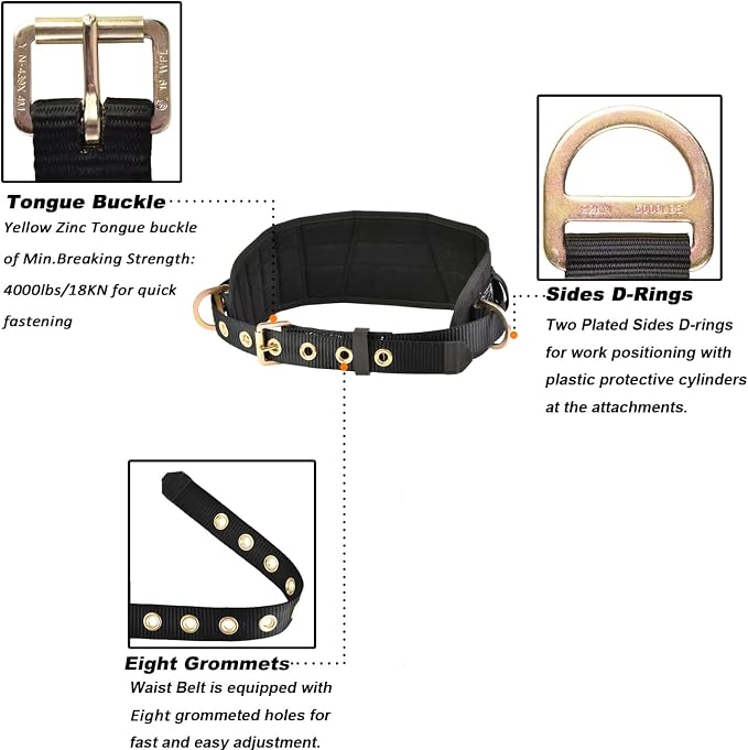 Tongue Buckle Body Belt With Waist Pad and 2 Side D-Rings Personal Protective Equipment Safety Harness | Waist Fitting Size 33'' to 47'' for Work Positioning, Restraint