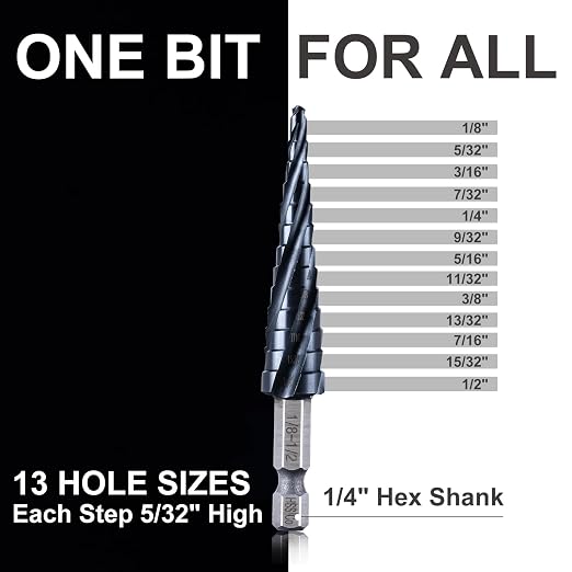 GRENPRO Step Drill Bit, 1/8"-1/2" Four Spiral Flute Cobalt Step Drill Bit, 1/4" Hex Shank Step Bit for Stainless Steel, Metal, Aluminum, Copper,Aluminum, Wood, PVC