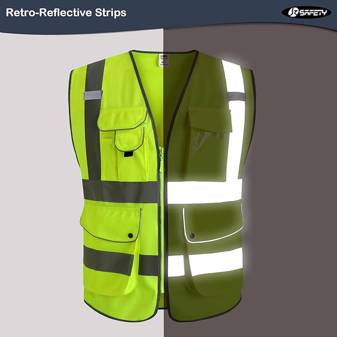 JKSafety 9 Pockets Class 2 High Visibility Zipper Front 6 Pack Safety Vest With Reflective Strips,Meets ANSI/ISEA Standard (155 Yellow XL)