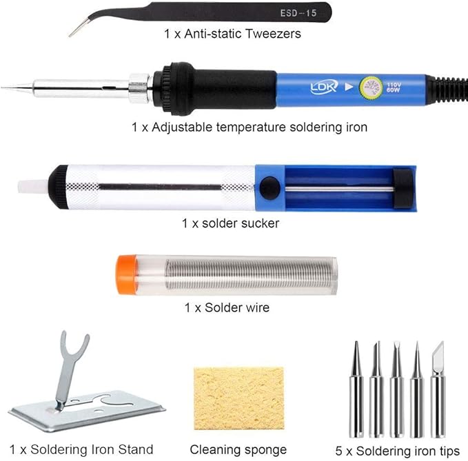 LDK Soldering Iron Kit Electronics, [Upgraded] Full Set 60W 110V Adjustable Temperature Welding Tool, Soldering Pen with 5pcs Different Tips, Stand, Tweezers, Sponge, Flux Pen, Solder Wire