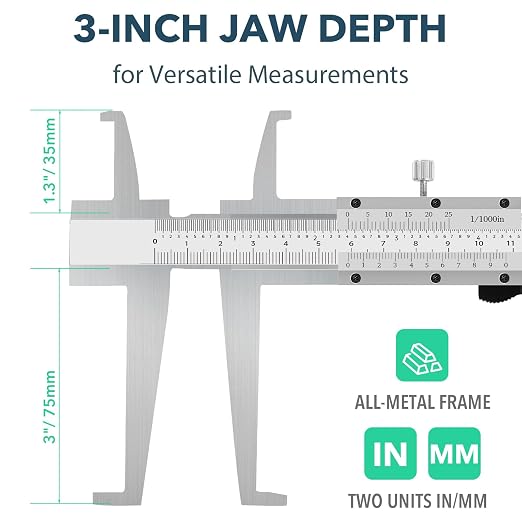 Inside Groove Vernier Caliper with Upper Jaw and 3" Lower Jaw, Inside Diameter Measuring Tools 9-150mm/6 Inch Range,0.01mm/ 0.005" Resolution,Imperial/Metric, Carbon Steel (6 Inch/ 150mm)