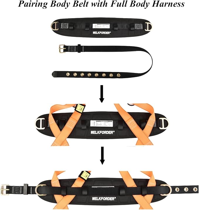 Tongue Buckle Body Belt With Waist Pad and 2 Side D-Rings Personal Protective Equipment Safety Harness | Waist Fitting Size 33'' to 47'' for Work Positioning, Restraint