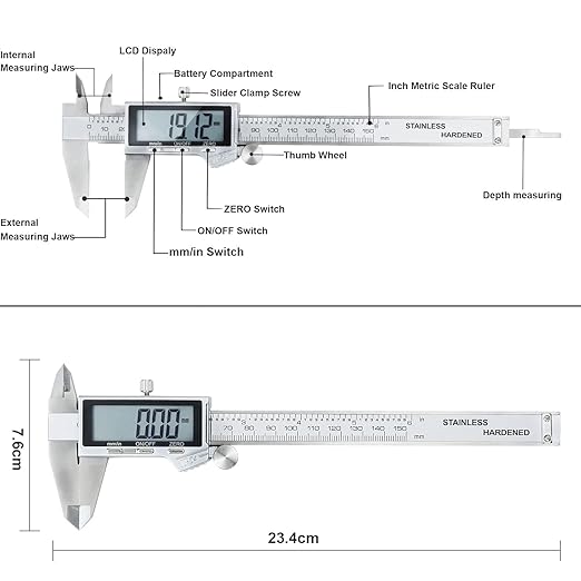 Digital Caliper Measuring Tool, IP54 Waterproof Stainless Steel Vernier Caliper Digital Micrometer with Large LCD Screen, Easy Switch from Inch Metric, 6 Inch Caliper Tool for DIY/Household