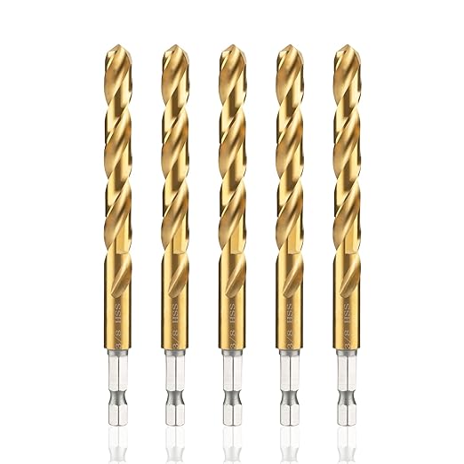 amoolo 3/8 Impact Drill Bit Sets, 5Pcs Titanium HSS Twist Hex Shank Drill Bit Set for Metal, Steel, Wood, Plastic, Quick Change Design