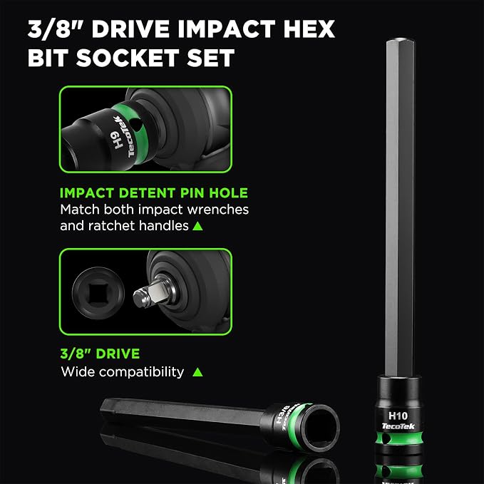 TecoTek 3/8" Drive Long Impact Hex Bit Socket Set, Allen Bit Sockets, 20PCS Allen Wrench Socket, SAE (1/8"-7/16”) and Metric (3MM-12MM), 6" Long CR-V & S2 Alloy Steel Hex Key Set