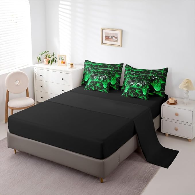 Gaming Consoles Bed in a Bag Queen Comforter Set 7 Piece,Neon Geometric Video Game Bedding Set,3D Geometric Gamer Sheet Set Green Flame Bed Set,Gamer Decor for Boys Bedroom Gamer Gifts